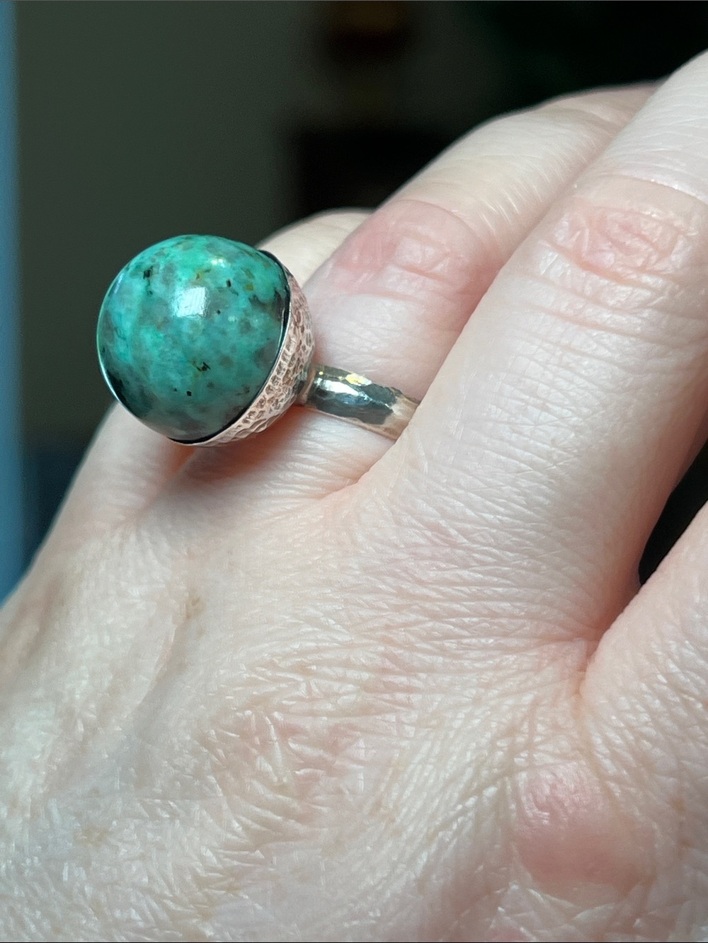 Vintage Modernist Orb Chrysocolla Gemstone Sphere Sterling Silver Ball Ring - Picture 9 of 12